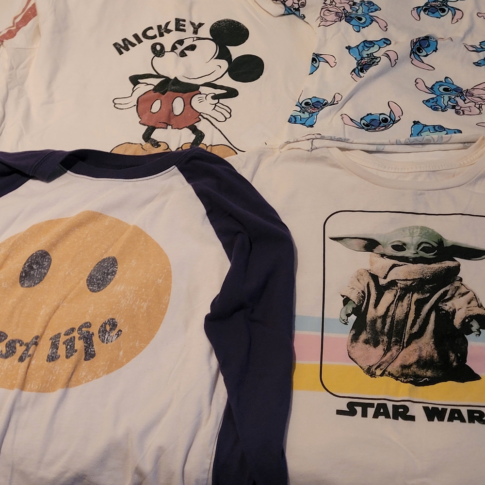 Bundle of 4 Cropped T Shirts Size L - Mickey Smile Face Star Wars & Lilo Stitch